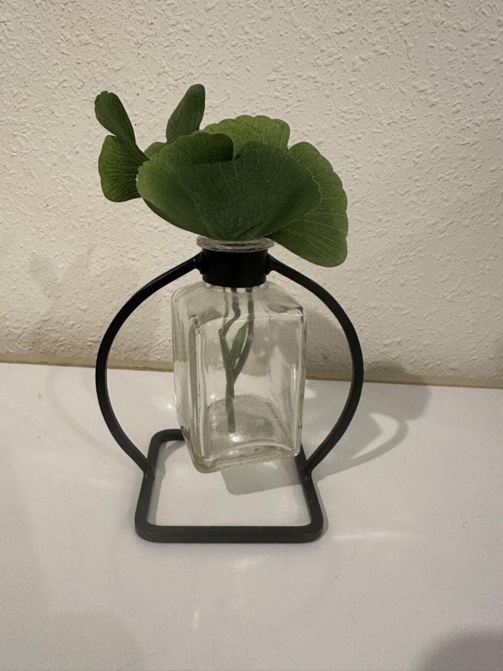 Clear Glass Bud Vase in Black Metal Stand with Faux Ginkgo Stems
